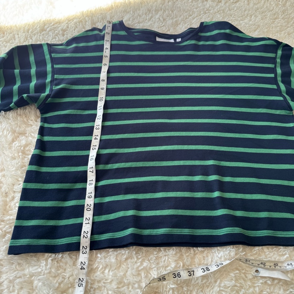 Chico's 100% Cotton Green/Blue Striped Wide-Sleeve Drop-Shoulder T-Shirt 2 (L) - Picture 7 of 11